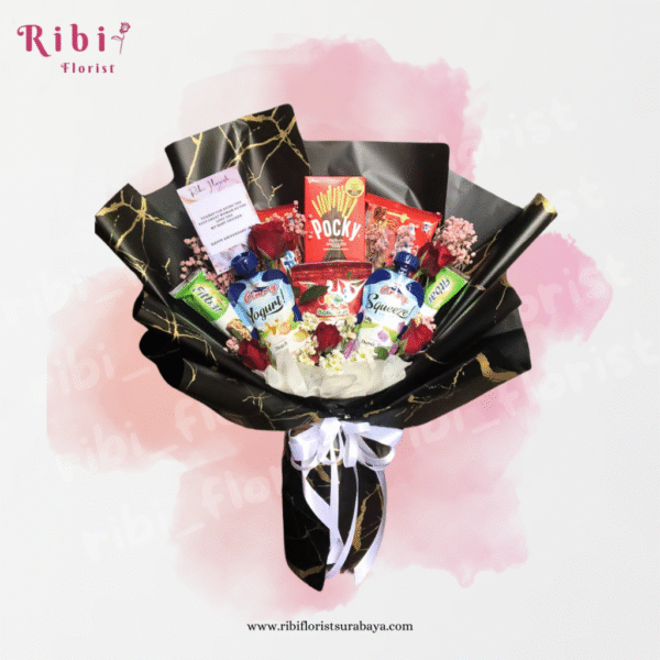 BUKET SNACK RED BLACK (CUSTOM BOUQUET)